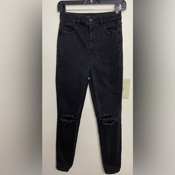 American Eagle Strech Distressed Curvy Highest Rise Jegging Black Jean Pant Sz 2 - Picture 2 of 15